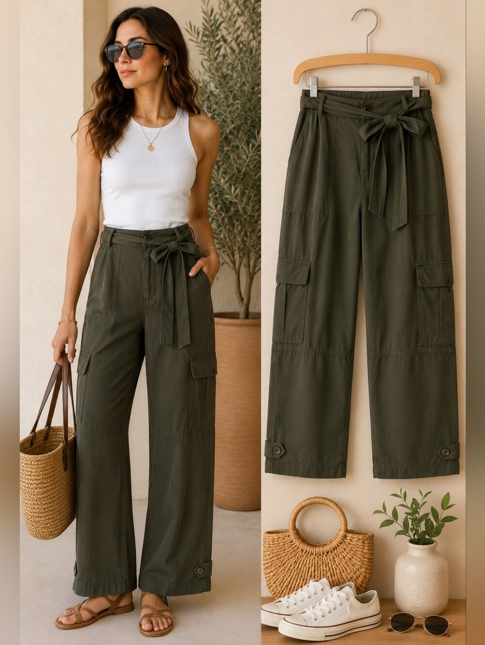 Suko Jeans Cargo Wide Leg Pants Size 8 Olive High Rise 100% Rayon